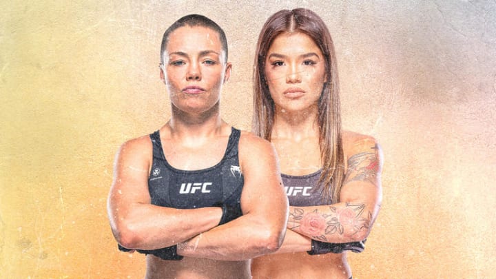 Imagen de Rose Namajunas y Tracy Cortez en un pesaje oficial de UFC Fight Night.
